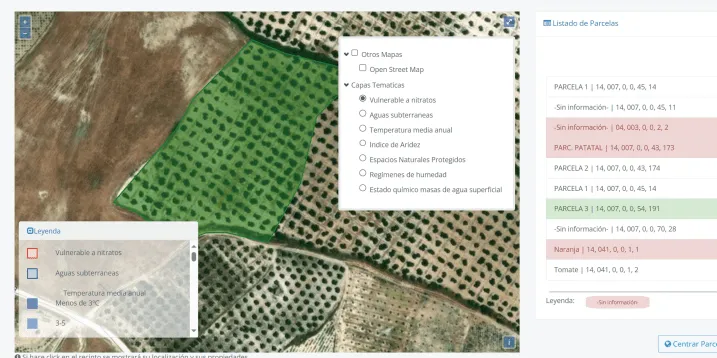 Visor de parcelas del Cuaderno de Campo sobre ortofoto de olivar, con capas temáticas